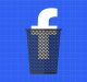 A white letter "f" resembling the Facebook logo appears partially inside an angle-top metal trash bin, set against a blue grid background, symbolizing the DeleteFacebook movement and the concept of discarding or rejecting Facebook.