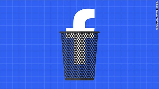 A white letter "f" resembling the Facebook logo appears partially inside an angle-top metal trash bin, set against a blue grid background, symbolizing the DeleteFacebook movement and the concept of discarding or rejecting Facebook.