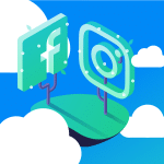 Illustration of Facebook and Instagram logos floating on a small green island among white clouds in a blue sky, symbolizing the connection and social media exploitation prevalent between the two platforms.