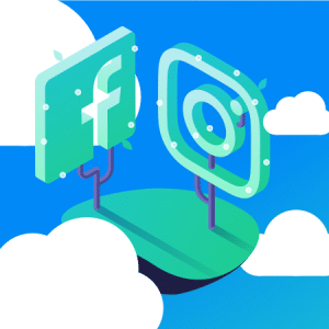 Illustration of Facebook and Instagram logos floating on a small green island among white clouds in a blue sky, symbolizing the connection and social media exploitation prevalent between the two platforms.