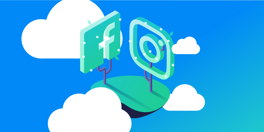 Illustration of Facebook and Instagram logos floating on a small green island among white clouds in a blue sky, symbolizing the connection and social media exploitation prevalent between the two platforms.