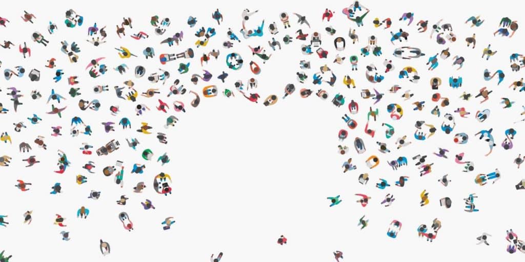 A white background with a large outline of an apple shape in the center, surrounded by numerous small cartoon figures engaged in various activities such as reading, walking, and interacting with one another. The apple shape is delineated by the absence of figures, symbolizing Apple WWDC's creative community.