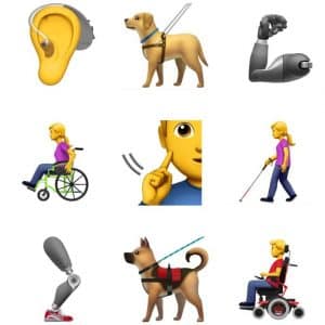 A grid of nine accessibility emojis endorsed by the Unicode Consortium: a hearing aid, a guide dog, a prosthetic arm, a person in a wheelchair, a person cupping their ear, a person with a white cane, a prosthetic leg, another guide dog, and someone in an Apple-powered wheelchair.