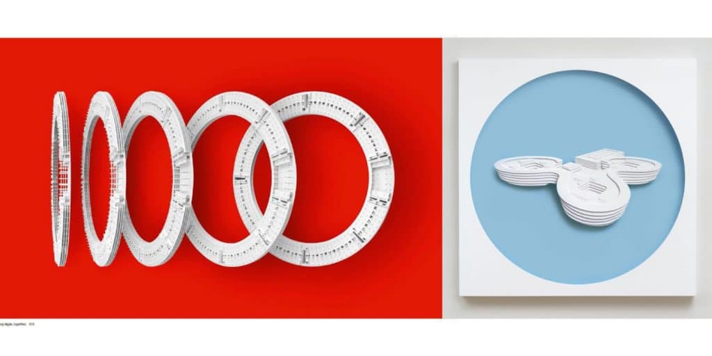 The image features two abstract art pieces resembling new sculptures. On the left, several oval-shaped rings with intricate patterns are layered over a red background. On the right, a light blue circle contains three interconnected white, layered structures, all set against a white backdrop.