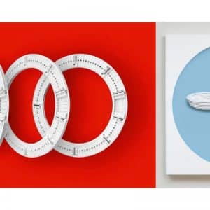 The image features two abstract art pieces resembling new sculptures. On the left, several oval-shaped rings with intricate patterns are layered over a red background. On the right, a light blue circle contains three interconnected white, layered structures, all set against a white backdrop.