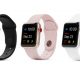 Three Apple Watch Series 3 smartwatches are displayed in a row, showing the same time (10:09) and date (Friday, Sep 23). From left to right, they feature black, pink, and white wristbands. Each watch screen shows icons for messages, weather, and fitness apps to track skiing or snowboarding activities.