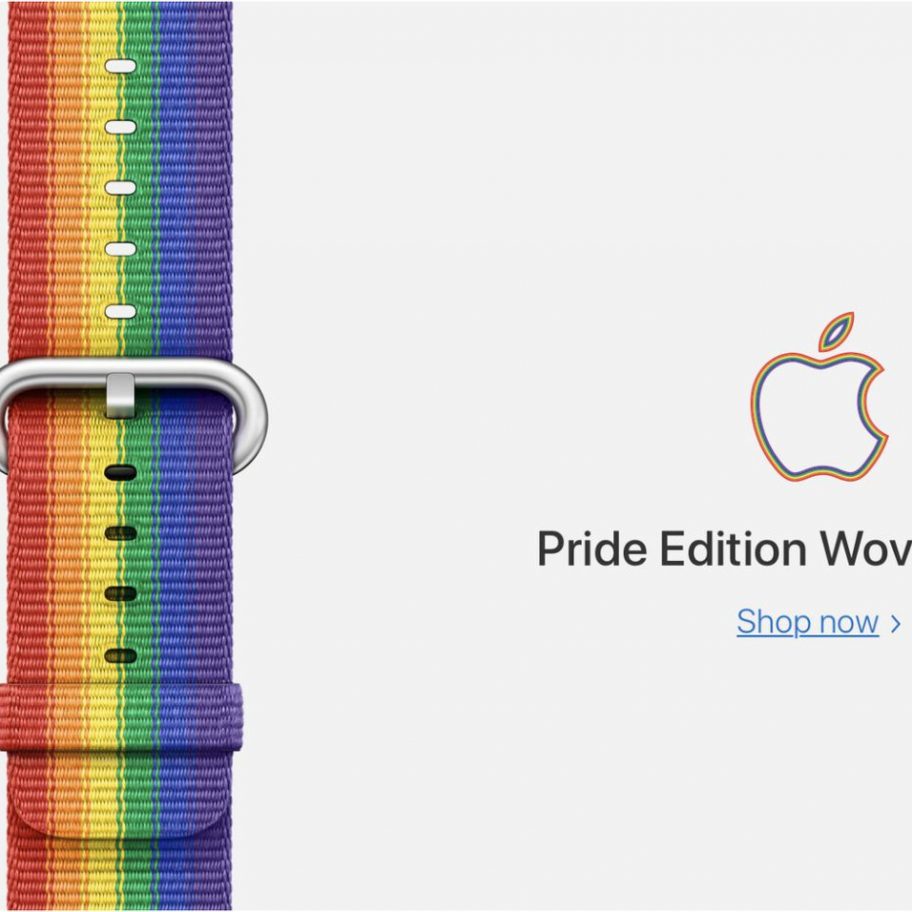 A multi-colored, rainbow-striped watch band with a metal buckle is displayed vertically against a light background. To the right, there is an Apple logo with the text "Pride Edition Woven Nylon" and a "Shop now" link below it.