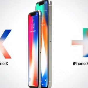 Two smartphones are displayed vertically side by side. The smaller one, labeled "iPhone X," is on the left, and the larger one, labeled "iPhone X Plus," is on the right. Both phones have edge-to-edge screens with a notch at the top for the front camera in these sleek concept images.