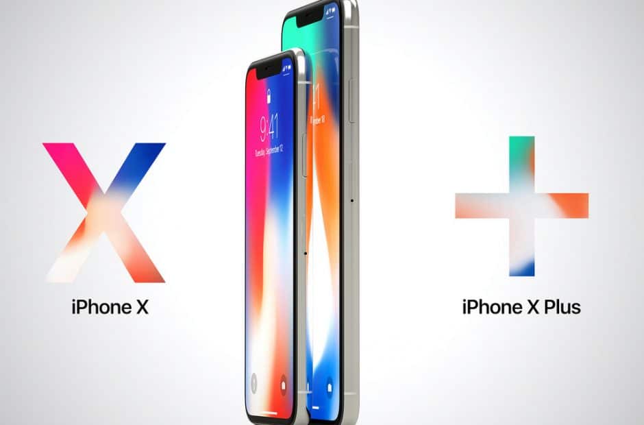 Two smartphones are displayed vertically side by side. The smaller one, labeled "iPhone X," is on the left, and the larger one, labeled "iPhone X Plus," is on the right. Both phones have edge-to-edge screens with a notch at the top for the front camera in these sleek concept images.