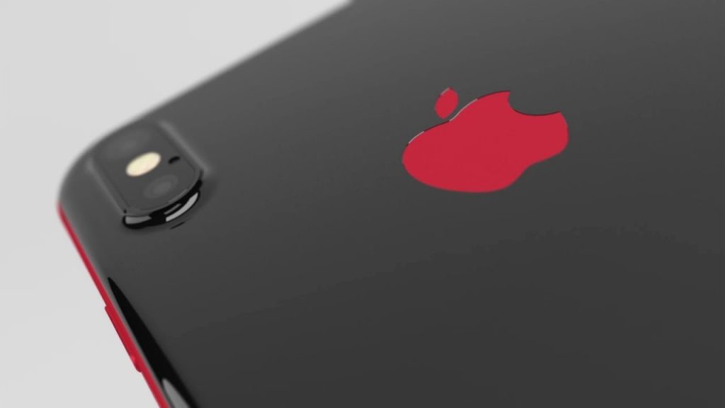 Close-up of the upper rear part of a PRODUCT(RED) iPhone X with a red Apple logo, featuring a dual-lens camera on the top left with a flash. The edges of the phone are also highlighted in red. The background is a soft gradient of light grey, showcasing elegant iPhone X design.