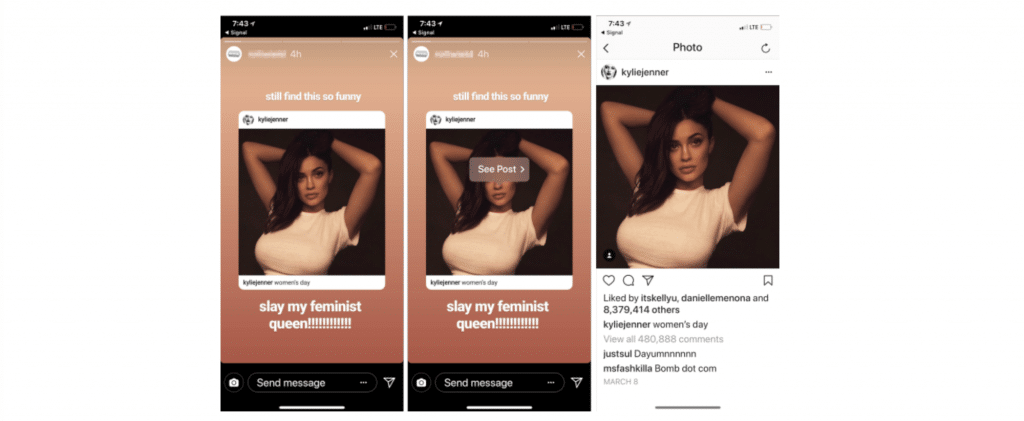 A split-screen image showcases two Instagram stories and one post, featuring the same woman posing in a white shirt. Captions include "still find this so funny," "slay my feminist queen," and "International Women's Day" with high engagement metrics visible, highlighting the appeal akin to a quote tweet feature.