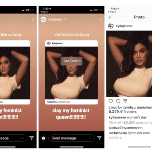 A split-screen image showcases two Instagram stories and one post, featuring the same woman posing in a white shirt. Captions include "still find this so funny," "slay my feminist queen," and "International Women's Day" with high engagement metrics visible, highlighting the appeal akin to a quote tweet feature.