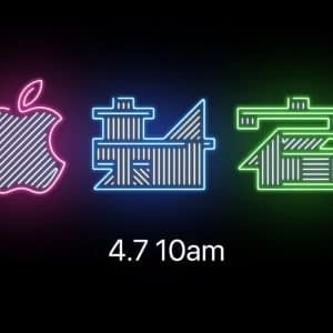 A black background with a glowing neon pink Apple logo, followed by two Chinese characters in neon blue and green, captures the essence of Shinjuku store's iconic neon signage. Below the symbols, white text announces "4.7 10am".