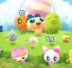 A colorful and vibrant scene featuring various animated characters with cheerful expressions, set on a lush green hill with a blue sky and a large, pastel-colored egg in the background. The characters, reminiscent of Tamagotchi pets, include a mix of animals and fantastical creatures.