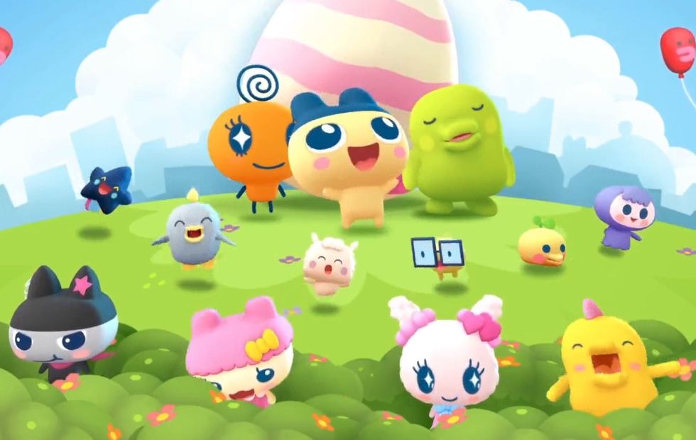 A colorful and vibrant scene featuring various animated characters with cheerful expressions, set on a lush green hill with a blue sky and a large, pastel-colored egg in the background. The characters, reminiscent of Tamagotchi pets, include a mix of animals and fantastical creatures.