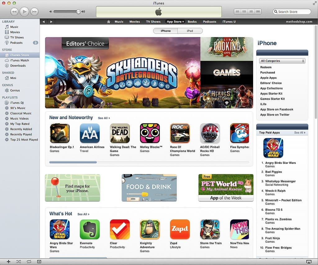 A screenshot of the iTunes Store interface displaying various apps and games. The featured section highlights "Skylanders Battlegrounds" under Editors' Choice, noted for its successful in-app purchases. Below are categories like New and Noteworthy and What's Hot, showcasing several app icons with brief descriptions.