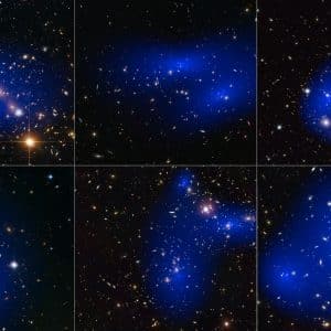 Six intricate images of galaxy clusters in space. Each alluring image showcases vibrant clusters of stars and galaxies, with a superimposed blue glow representing the mystery of dark matter distribution. The background is pitch black, sprinkled with numerous bright stars.