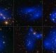 Six intricate images of galaxy clusters in space. Each alluring image showcases vibrant clusters of stars and galaxies, with a superimposed blue glow representing the mystery of dark matter distribution. The background is pitch black, sprinkled with numerous bright stars.