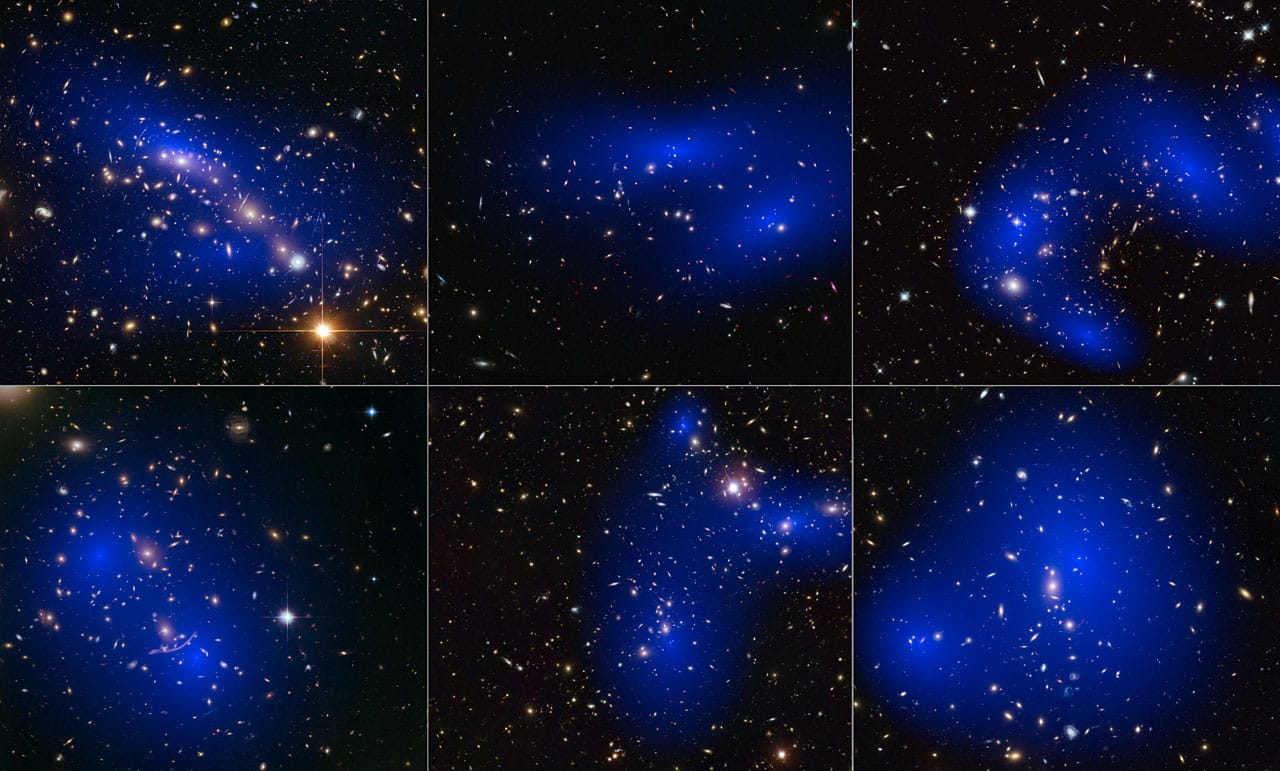 Six intricate images of galaxy clusters in space. Each alluring image showcases vibrant clusters of stars and galaxies, with a superimposed blue glow representing the mystery of dark matter distribution. The background is pitch black, sprinkled with numerous bright stars.