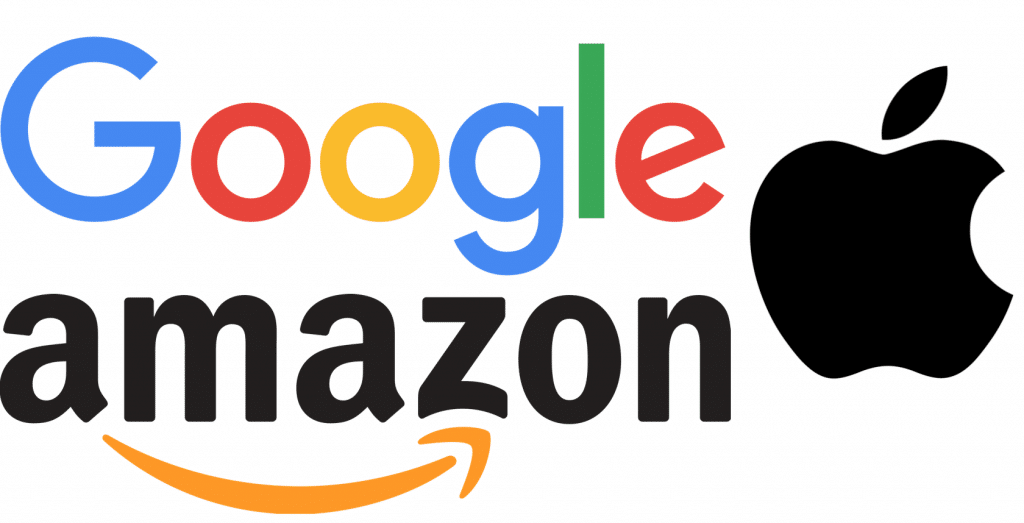 Logos of three major tech companies are shown: Google, Amazon, and Apple. Google's colorful name stands out, Amazon's logo features its name with a yellow arrow beneath it, and Apple's iconic black apple has a bite taken out of it.