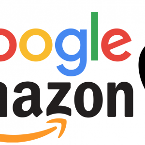 Logos of three major tech companies are shown: Google, Amazon, and Apple. Google's colorful name stands out, Amazon's logo features its name with a yellow arrow beneath it, and Apple's iconic black apple has a bite taken out of it.