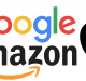 Logos of three major tech companies are shown: Google, Amazon, and Apple. Google's colorful name stands out, Amazon's logo features its name with a yellow arrow beneath it, and Apple's iconic black apple has a bite taken out of it.