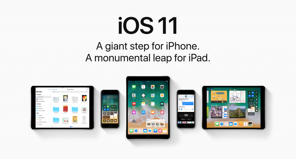 A promotional image for iOS 11 featuring various Apple devices. From left to right: an iPad displaying an app screen, an iPhone with the App Store open, an iPad showing the home screen, an iPhone with a text conversation, and another iPad with various open apps. Text above reads, "iOS 11: A giant step for iPhone. A monumental leap