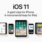 A promotional image for iOS 11 featuring various Apple devices. From left to right: an iPad displaying an app screen, an iPhone with the App Store open, an iPad showing the home screen, an iPhone with a text conversation, and another iPad with various open apps. Text above reads, "iOS 11: A giant step for iPhone. A monumental leap