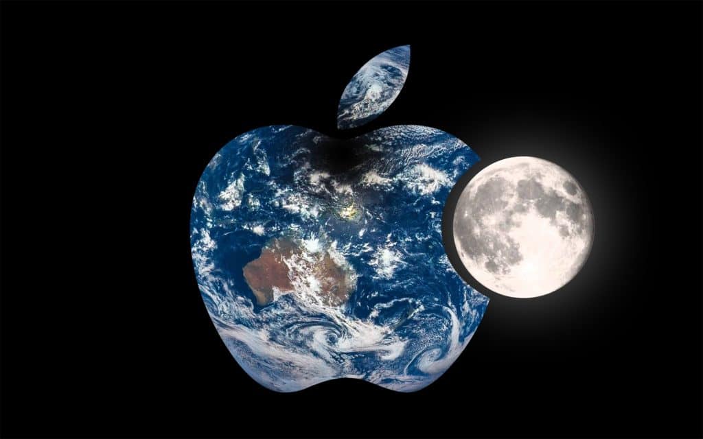 An Apple logo filled with an image of the Earth as seen from space. A full moon overlaps with the right side of the logo against a black background, giving the impression that Earth is inside the Apple logo and Daisy, Apple's disassembly robot, is interacting with it.