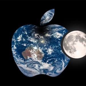 An Apple logo filled with an image of the Earth as seen from space. A full moon overlaps with the right side of the logo against a black background, giving the impression that Earth is inside the Apple logo and Daisy, Apple's disassembly robot, is interacting with it.