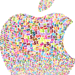 An Apple logo is creatively filled with a colorful mosaic pattern of dollar signs, symbolizing Apple profits. The background is transparent, highlighting the vibrant, multicolored dollar signs that make up the entire logo, including the leaf at the top.