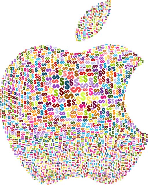 An Apple logo is creatively filled with a colorful mosaic pattern of dollar signs, symbolizing Apple profits. The background is transparent, highlighting the vibrant, multicolored dollar signs that make up the entire logo, including the leaf at the top.