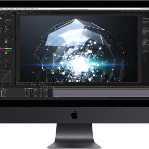 A black Apple iMac displaying a digital rendering software interface. The screen shows a 3D design of a glowing geometric structure with particles. Various tool panels and adjustment settings are visible around the workspace, powered by custom Mac chips for seamless performance.