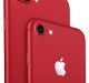 Two red iPhones are displayed, one slightly in front of the other. The rear cameras and Apple logos are visible. The red iPhone 8 in the foreground has a single camera lens, while the iPhone 8 Plus in the background boasts a dual camera setup. Both feature a matte finish and were released today.