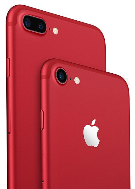 Two red iPhones are displayed, one slightly in front of the other. The rear cameras and Apple logos are visible. The red iPhone 8 in the foreground has a single camera lens, while the iPhone 8 Plus in the background boasts a dual camera setup. Both feature a matte finish and were released today.