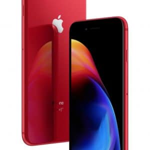 Two red iPhone 8 Plus models are shown, one displaying its back and the other its front. The back view highlights the Apple's logo and dual cameras, while the front view shows the screen with colorful abstract waves. Both phones feature sleek, modern designs, making this (PRODUCT)RED iPhone a special edition to admire.