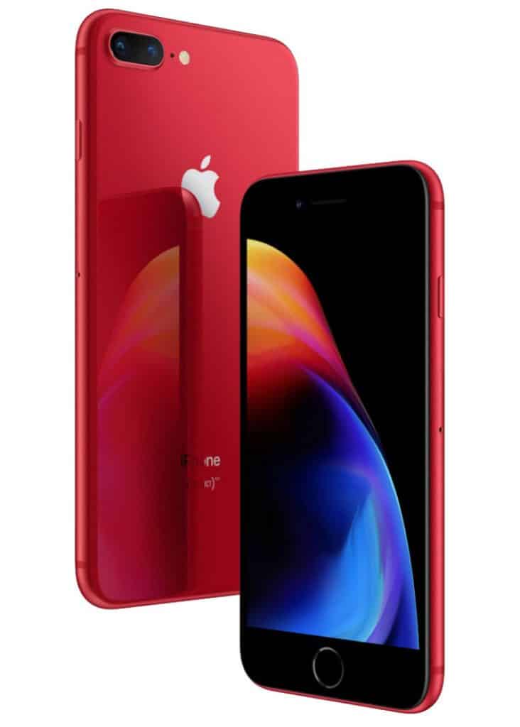 Two red iPhone 8 Plus models are shown, one displaying its back and the other its front. The back view highlights the Apple's logo and dual cameras, while the front view shows the screen with colorful abstract waves. Both phones feature sleek, modern designs, making this (PRODUCT)RED iPhone a special edition to admire.