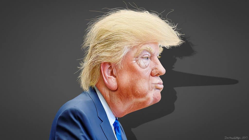 A caricature of a man with exaggerated facial features; his shadow in the background has an elongated nose, resembling Pinocchio. The man, reminiscent of Trump, is wearing a suit and has a distinct hairstyle with blond hair swept to the side. The background is a plain, dark gray.