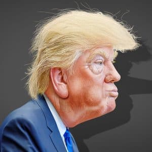 A caricature of a man with exaggerated facial features; his shadow in the background has an elongated nose, resembling Pinocchio. The man, reminiscent of Trump, is wearing a suit and has a distinct hairstyle with blond hair swept to the side. The background is a plain, dark gray.