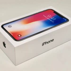 A white iPhone box with the word "iPhone" and the Apple logo on the side, containing an iPhone X with a display showing 9:41 AM and a colorful wallpaper. The box is set against a plain light background, showcasing one of the best displays of the year.