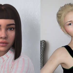 A digitally created image shows two women: on the left, a CGI influencer with short, dark hair, bangs, and freckles, wearing a pink and white striped top; on the right, a real model with blonde hair pulled back, wearing a black tank top against a light-colored background.