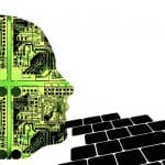 Silhouette of a human head filled with green circuit board patterns faces a path of black-and-white tiles stretching into the distance. The background is stark white, highlighting the futuristic and technological theme, reminiscent of discussions around Google AI that everyone seems to be talking about.