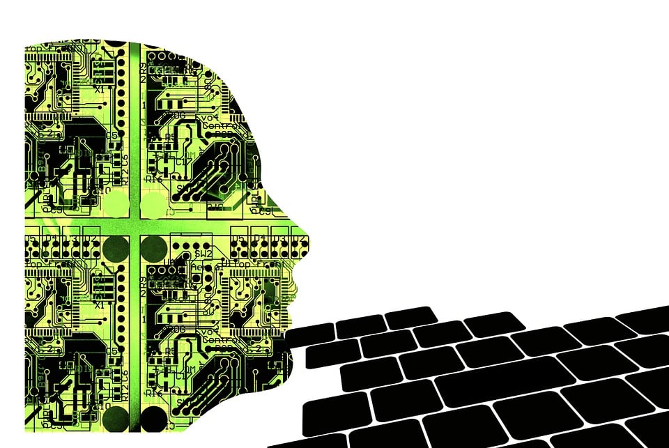 Silhouette of a human head filled with green circuit board patterns faces a path of black-and-white tiles stretching into the distance. The background is stark white, highlighting the futuristic and technological theme, reminiscent of discussions around Google AI that everyone seems to be talking about.