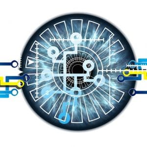 A futuristic circular design resembling an eye, with intricate blue radial lines and patterns emanating from the center. Yellow and blue circuit-like lines extend from the sides, merging into the center, suggesting a blend of technology and face recognition visualization.