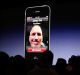 An audience watches a large screen displaying a smartphone with an exclusive FaceTime call in progress. The screen shows the contact name "Jony Ive," and a man's face is visible on the call. Below are options to "End" or "Mute" the call. The background fades to dark, highlighting Apple's ecosystem integration.