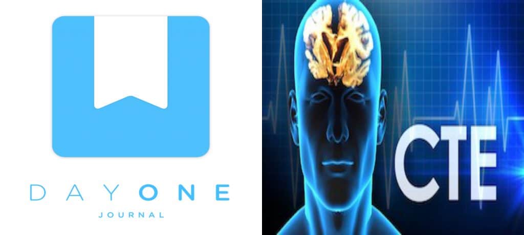 The image is divided into two sections. The left shows the logo of DayOne Journal, featuring a blue bookmark with text underneath. The right shows a medical illustration of a human head with brain highlighted and the term "CTE" beside it, emphasizing the importance of caring for someone with this condition.