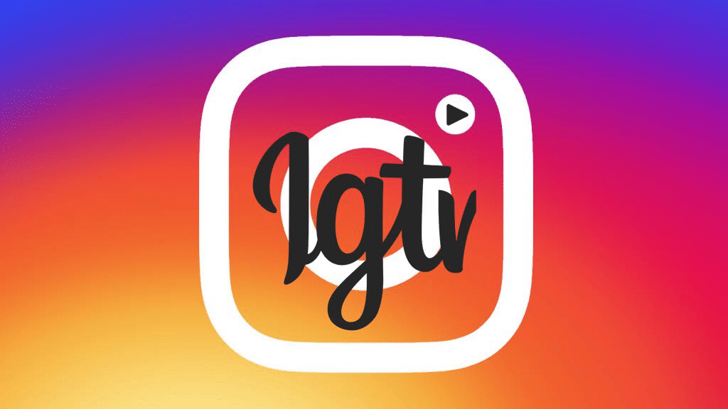 A colorful gradient background transitioning from purple to orange. Centered is a white play button enclosed within a white square. Inside the square, stylized black text reads "IGTV," marking its launch on Instagram TV.