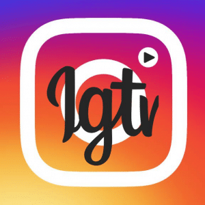 A colorful gradient background transitioning from purple to orange. Centered is a white play button enclosed within a white square. Inside the square, stylized black text reads "IGTV," marking its launch on Instagram TV.