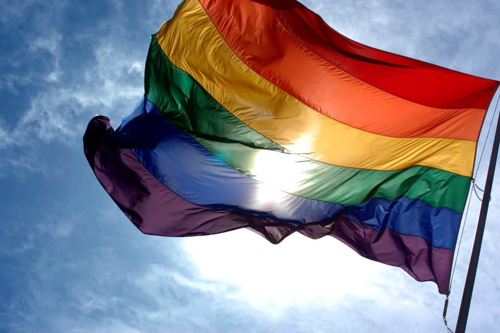 A rainbow flag with six horizontal stripes, symbolizing LGBTQ+ pride, waves against a bright blue sky on Pride Day in San Francisco. The sun shines through the flag, illuminating its vibrant colors like a bright apple orchard.