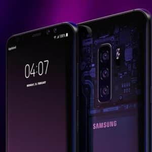 Two Samsung smartphones: one showing the time "04:07" and the date "Monday, 24 January" on the screen, the other displaying its transparent back, revealing internal components. Both are set against a gradient purple and blue background, possibly hinting at a radical upgrade similar to rumors of a leaked Samsung Galaxy S10.